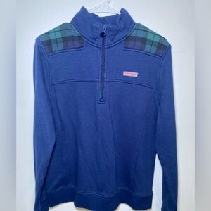 Vineyard Vines Navy Half-Zip Pullover with Green-Black Plaid Shoulders